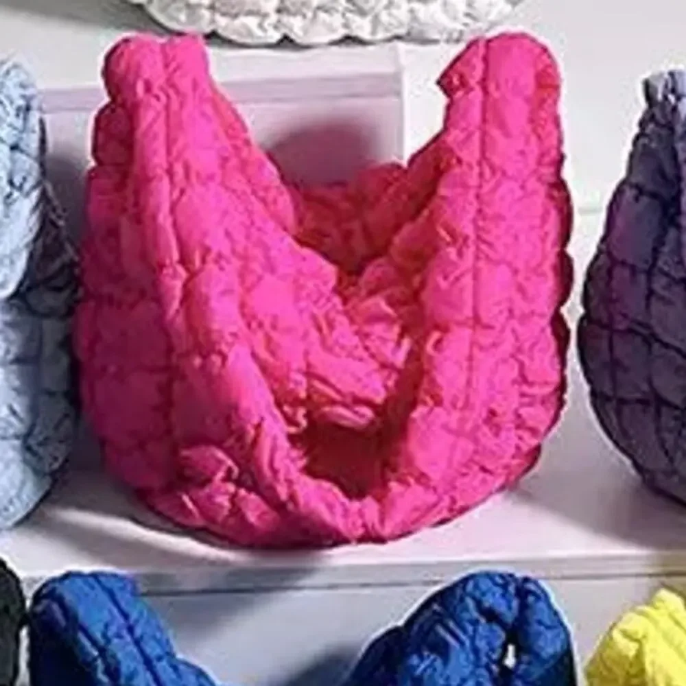 Nylon Puffer Solid Color Purse Tote Handbag Slouch Bag Hot Pink